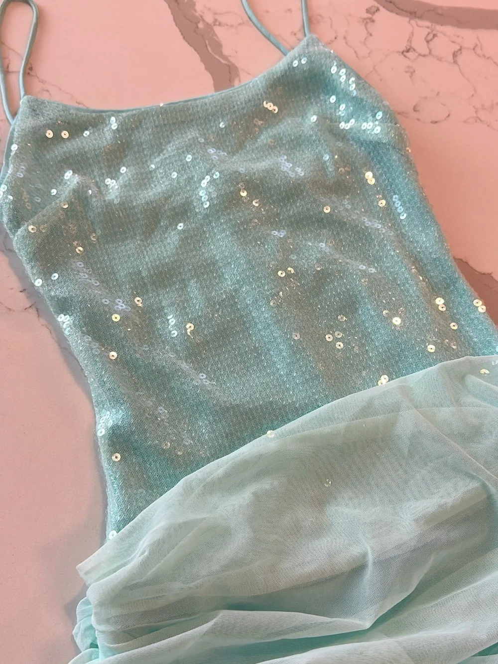 Sequin & Ruffle Mint Slip Dress